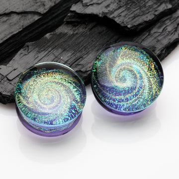 Detail View 1 of A Pair of Lavender Galaxy Milky Way Glass Double Flared Plug-Lavender/Rainbow
